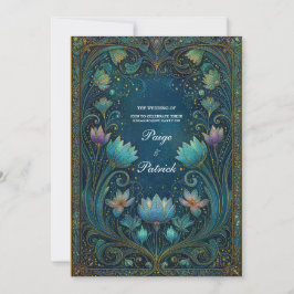 Convite Elegant Art Nouveau Cyan Lotus Floral Wedding