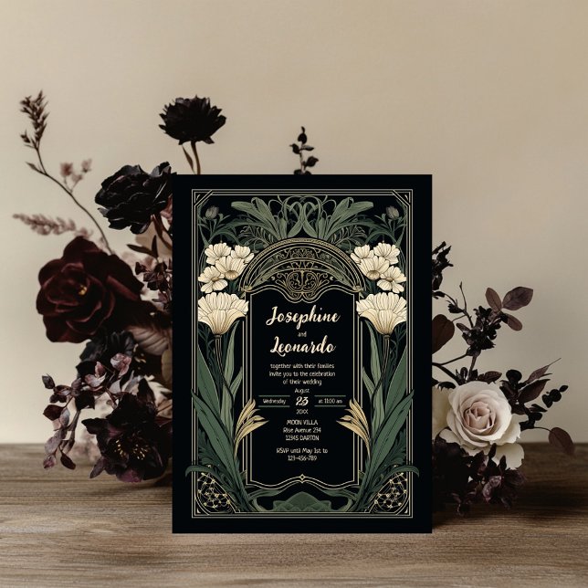 Convite Elegant Art Nouveau Dark Floral Wedding Invitation (Criador carregado)