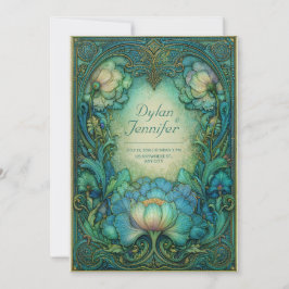 Convite Elegant Art Nouveau Teal Floral Antique Wedding