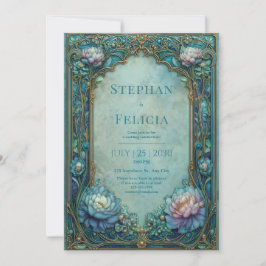 Convite Elegant Art Nouveau Teal Floral Arched Wedding