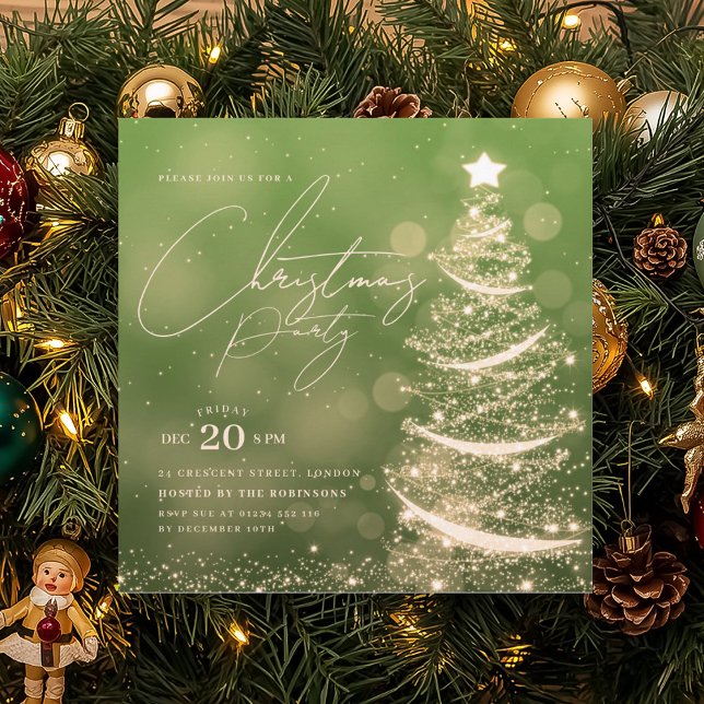 Convite ELEGANT Árvore de Natal Verde Dourada de Inverno F (ELEGANT Gold Green Winter Christmas Tree Party Invitation)
