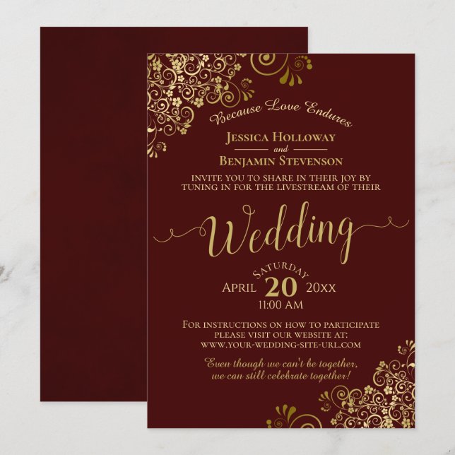 Convite Elegant Auburn & Gold Virtual Wedding Livestream (Frente/Verso)
