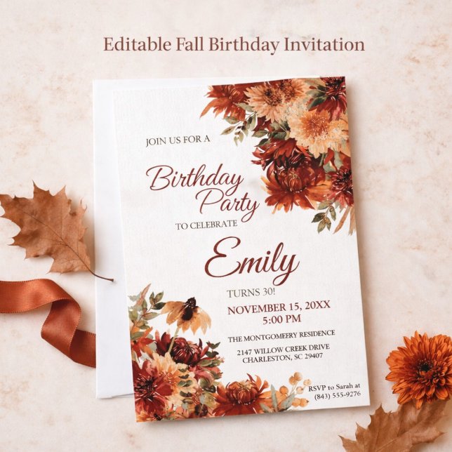 Convite Elegant Autumn Floral Birthday Party Invitation (Criador carregado)