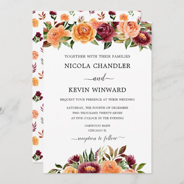 Convite Elegant Autumn Floral Wedding (Frente/Verso)