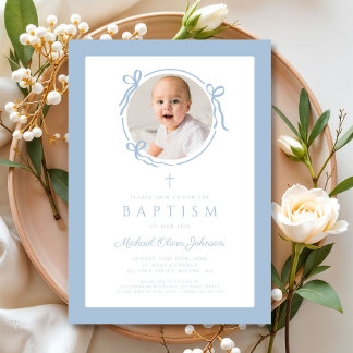 Convite Elegant Baby Blue Bow Boy Photo Baptism