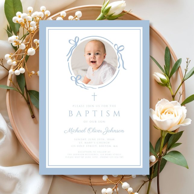 Convite Elegant Baby Blue Bow Boy Photo Baptism (Elegant Baby Blue Bow Boy Photo Baptism Invitation)