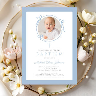 Convite Elegant Baby Blue Bow Photo Baptism