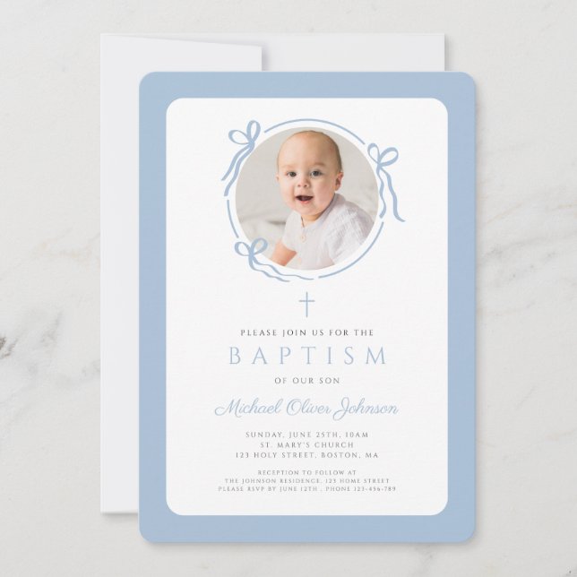 Convite Elegant Baby Blue Bow Photo Boy Baptism (Frente)