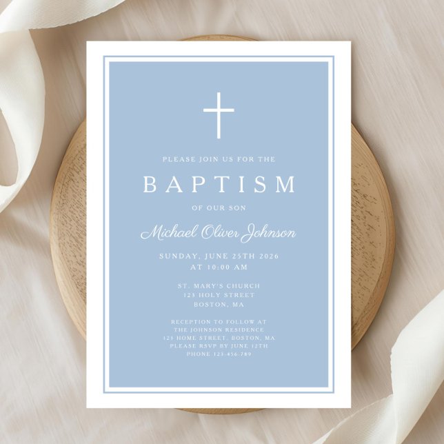Convite Elegant Baby Blue Cross Boy Baptism (Elegant Baby Blue Cross Boy Baptism Invitation)