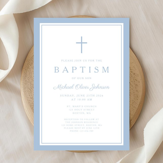 Convite Elegant Baby Blue Cross Boy Baptism (Elegant Baby Blue Cross Boy Baptism Invitation)