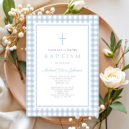 Convite Elegant Baby Blue Gingham Boy Baptism