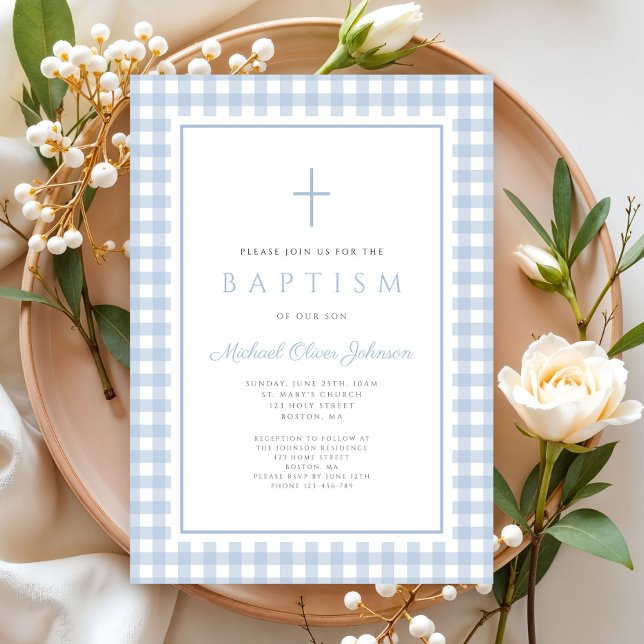 Convite Elegant Baby Blue Gingham Boy Baptism (Elegant Baby Blue Gingham Boy Baptism Invitation)