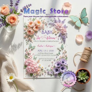 Convite Elegant Baby In Bloom Floral Butterflies Pastel