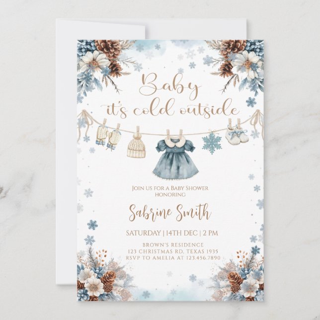 Convite Elegant Baby it's Cold Outside girl  Baby Shower (Frente)