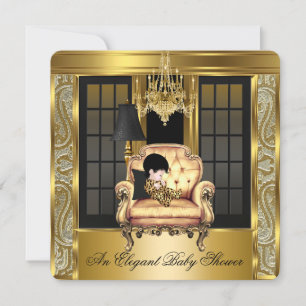 Convite Elegant Baby Shower Damask Lustre Dourado Cadeira