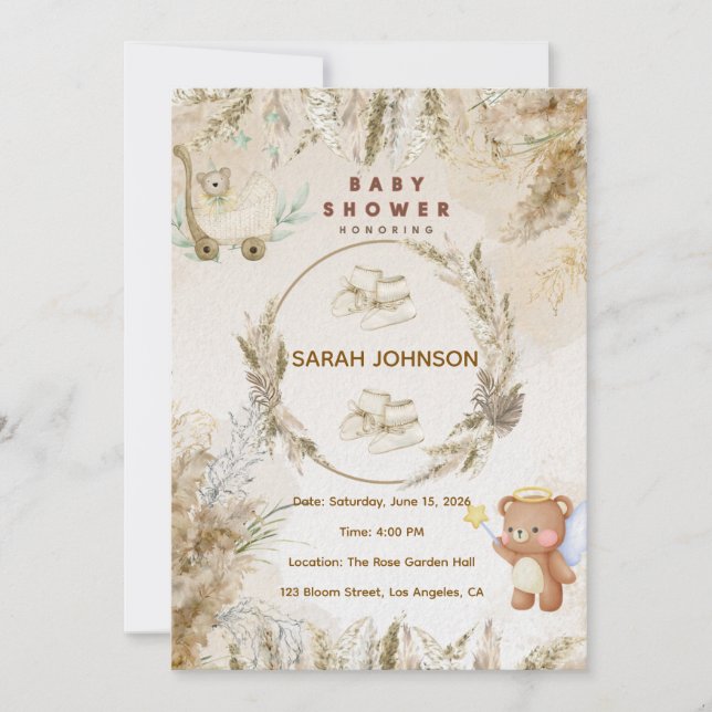 Convite Elegant Baby Shower Invitation | Pink Floral (Frente)