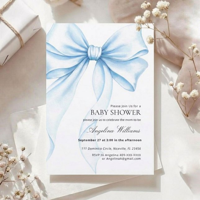 Convite Elegant Baby Shower Invitation with a Blue Bow.  (Criador carregado)