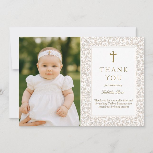 Convite Elegant Baptism  | Gold Cross Photo Thank You (Frente)