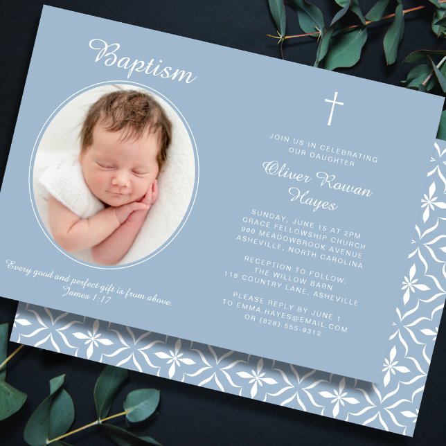 Convite Elegant Baptism Religious Cross Photo Dusty Blue (Fully editable — personalize every detail.)