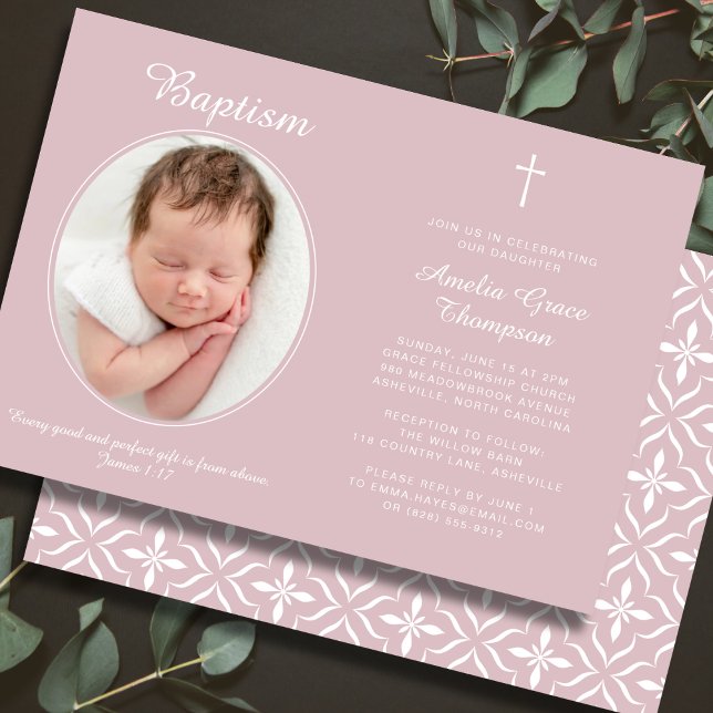 Convite Elegant Baptism Religious Cross Photo Dusty Pink (Fully editable — personalize every detail.)