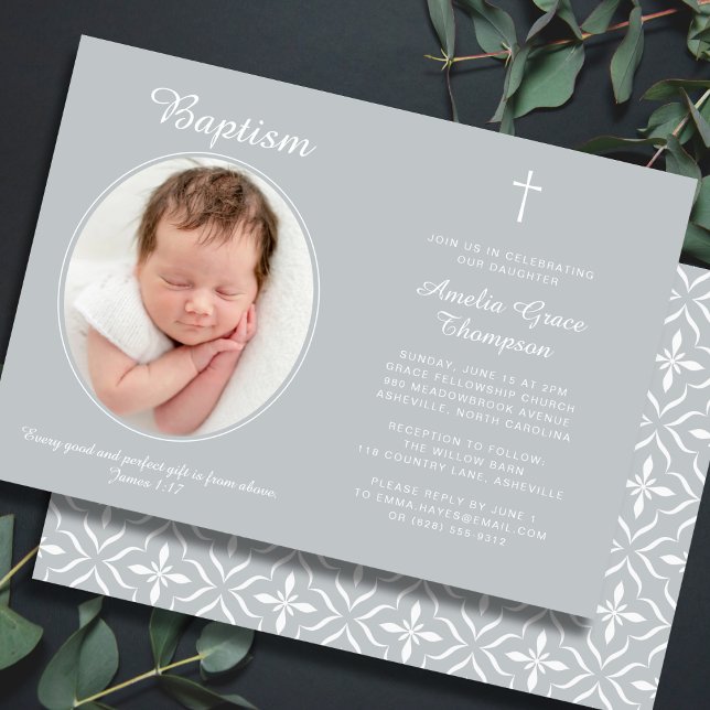 Convite Elegant Baptism Religious Cross Photo Neutral Gray (Fully editable — personalize every detail.)
