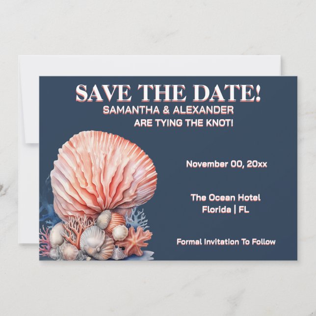 Convite Elegant Beach Coral Wedding Invitation Blue (Frente)