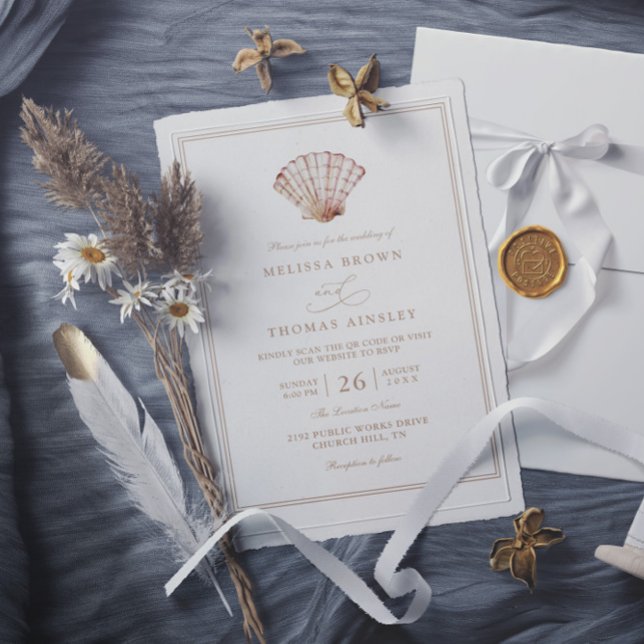 Convite Elegant Beach Simple Minimalist QR Code Wedding (Criador carregado)