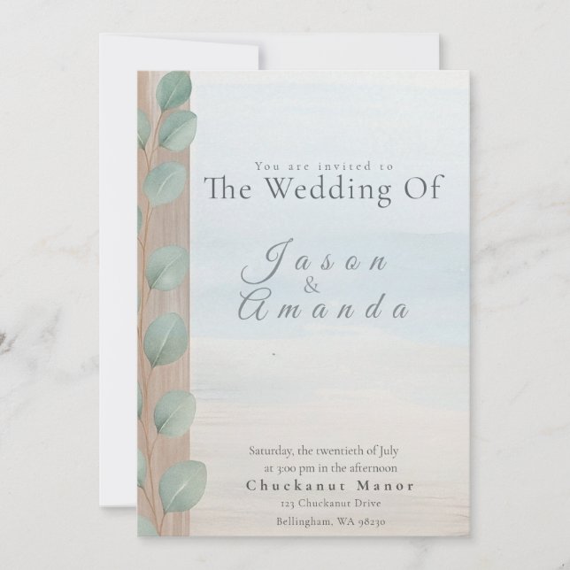 Convite Elegant Beach with Soft Blue Wash & Sand Dollar In (Frente)