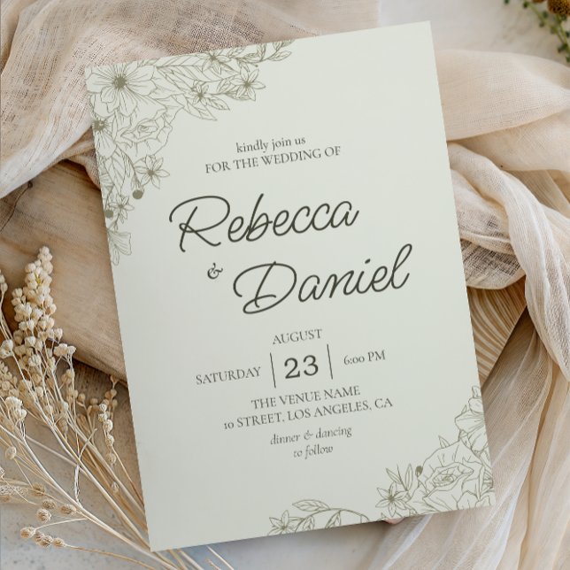Convite Elegant Beige Floral Minimalist Script Wedding (Criador carregado)