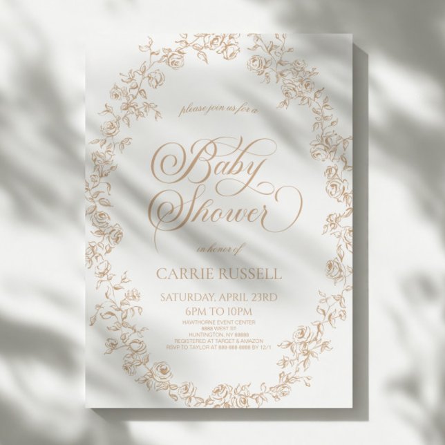 Convite Elegant Beige Floral Roses Line Art Baby Shower (Criador carregado)