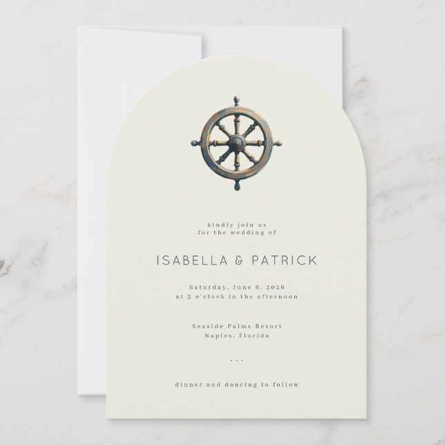 Convite Elegant Beige Nautical Ship Wheel (Frente)
