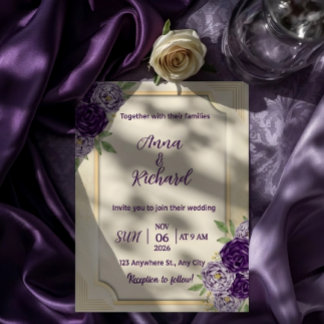 Convite Elegant Beige & Purple Floral Wedding Invitation