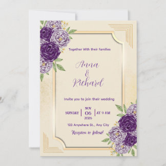 Convite Elegant Beige & Purple Floral Wedding Invitation
