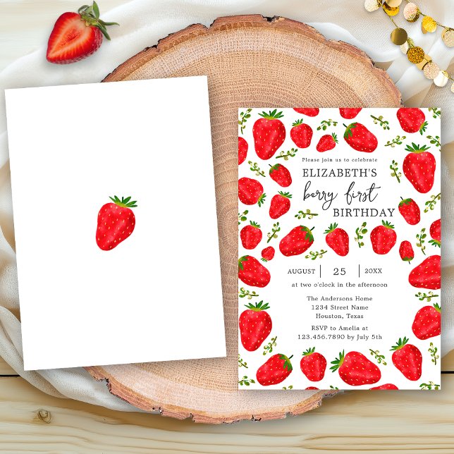Convite Elegant Berry Primeiro Morango Vermelho Aniversári (Criador carregado)