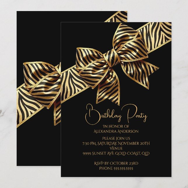 Convite Elegant Birthday Black Gold Wild Zebra Stripe Bow (Criador carregado)