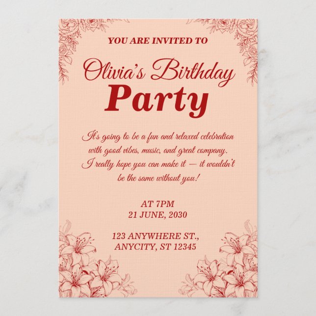 Convite Elegant Birthday Invitation Card – Floral Design (Frente)