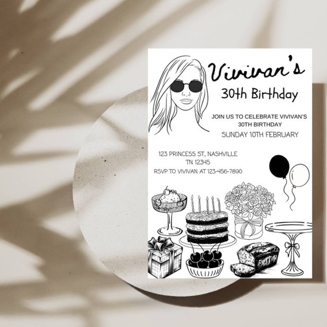 Convite Elegant Birthday Line Art Girl’s Birthday Party (Criador carregado)