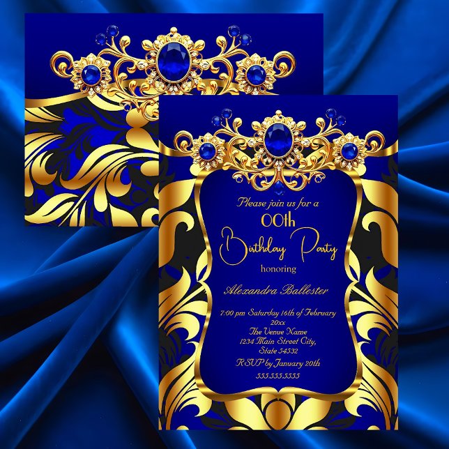 Convite Elegant Birthday Party Blue Gold Black Damask Gems (Criador carregado)