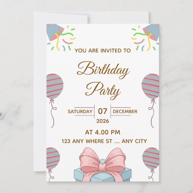 Convite Elegant Birthday Party Invitation with Balloons (Frente)
