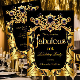 Convite Elegant Birthday Party Silk Gold Black Damask Gems