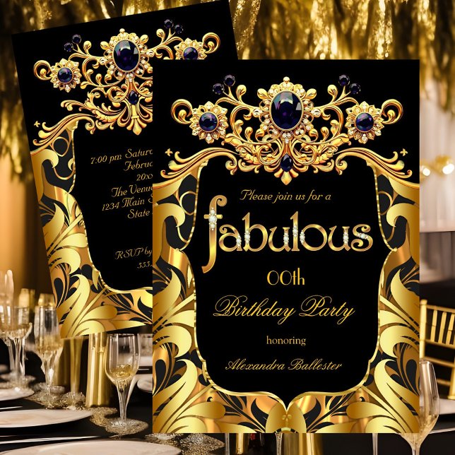 Convite Elegant Birthday Party Silk Gold Black Damask Gems (Criador carregado)