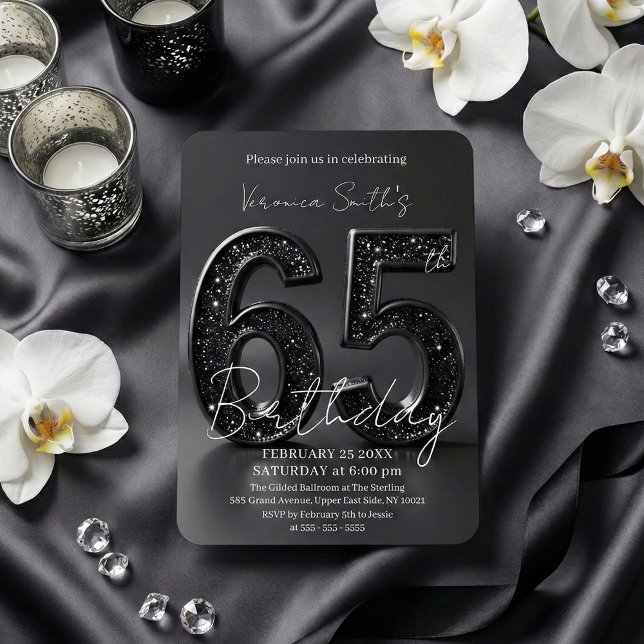 Convite Elegant Black 3D Glitter Sparkle 65th Birthday (Criador carregado)