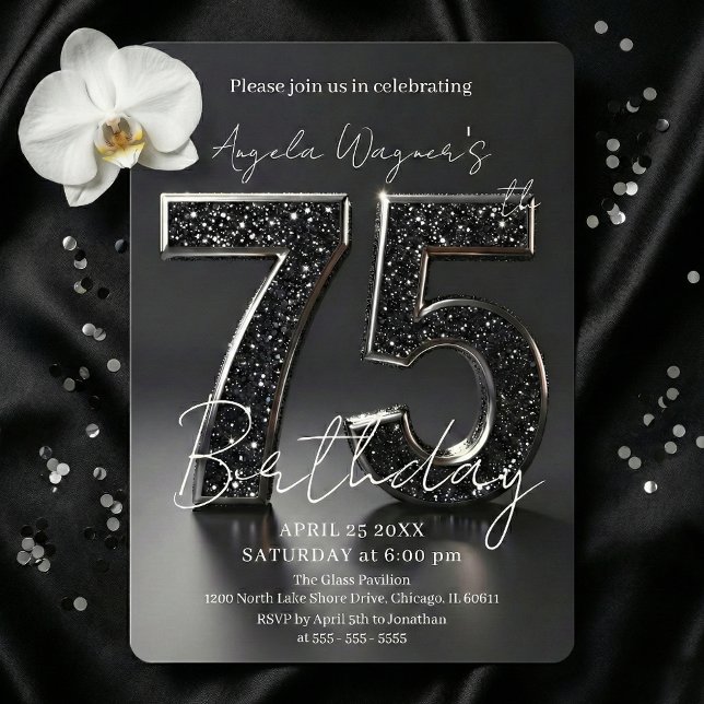 Convite Elegant Black 3D Glitter Sparkle 75th Birthday (Criador carregado)