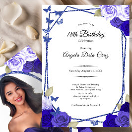 Convite Elegant Black and Blue Roses 18th Birthday Debut 
