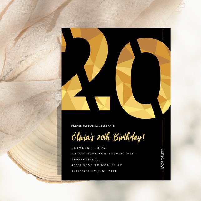 Convite Elegant black and gold 20th Birthday Party (Criador carregado)