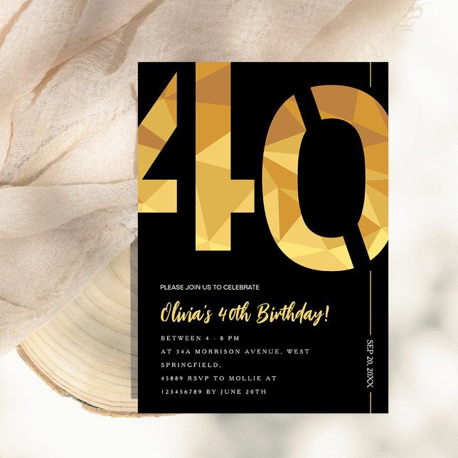 Convite Elegant black and gold 40th Birthday Party (Criador carregado)