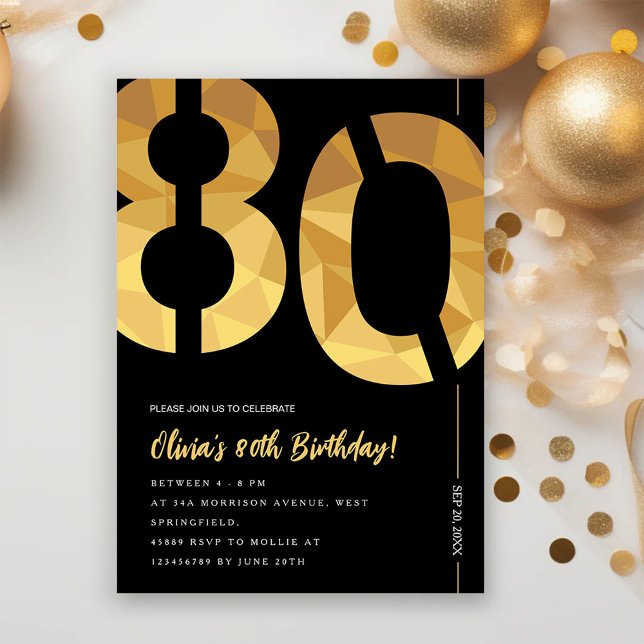 Convite Elegant black and gold 80th Birthday Party (Criador carregado)