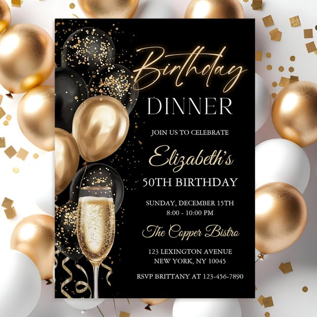 Convite Elegant Black and Gold Balloons Birthday Dinner (Criador carregado)