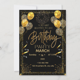 Convite Elegant Black and Gold Birthday Invitation 