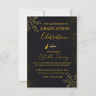 Convite Elegant Black and Gold Floral Graduation Party